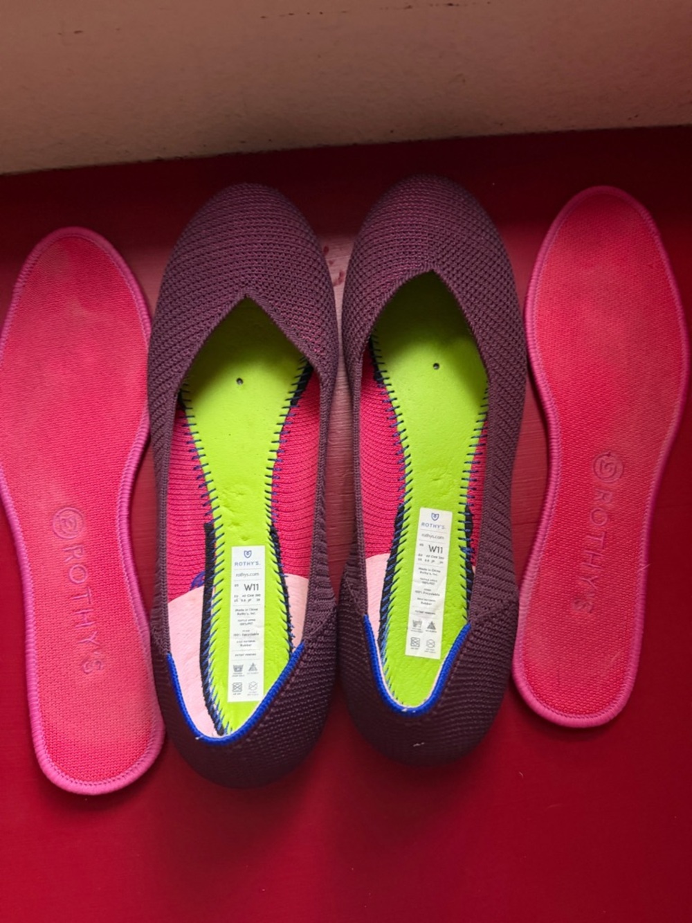 Rothy's Women's Eggplant Flat with Pink under layer size 11